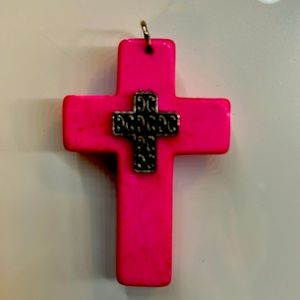 NEON PINK BEAUTIFUL HAND CRAFTED MARBLE CROSS WITH SILVER ACCENT.